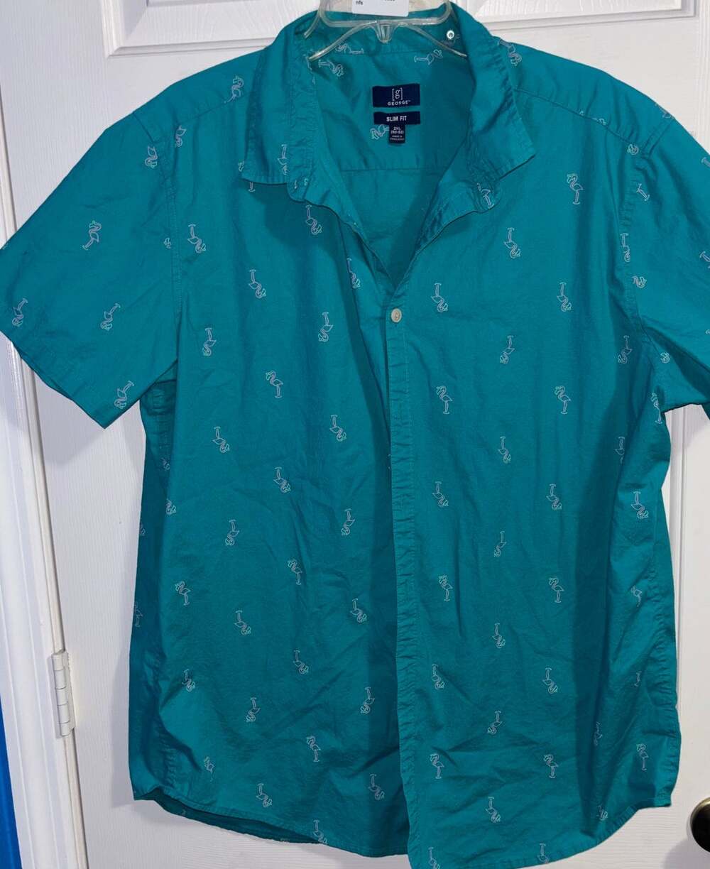 George Flamingo Button Down Shirt Mens 2XL Slim Fit Teal Tropical Short Sleeve